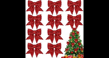 longziming -Set van 10 Kerststrikken – Rood met Glitter Pailletten, 15 x 14 cm, Glanzende Kerstboom Decoratie, Herbruikbaar & Eenvoudig te Bevestigen