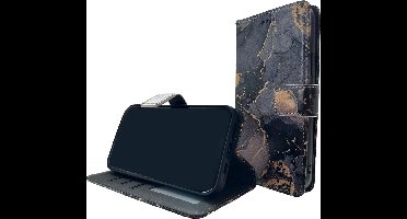 HEM Stylish Book Case (geschikt voor 15 Pro Max ) iPhone 15 Pro Max hoesje met 3 pasjesuitsnedes + fotovakje - Portemonneehoesje - pasjeshouder - Marble Blauw/Goud