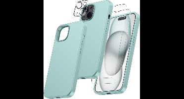 Hoesje Geschikt voor iPhone 15 – Zacht siliconen liquid backcover met 2x screenprotector gehard glas en 1x lens protector – Mint Groen