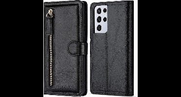 Samsung Galaxy S21 Book case met ritssluiting van LuxeBass - Flipcover - Magnetisch - 5 kaarten houder - Zwart - telefoonhoes - gsm hoes - telefoonhoesjes