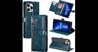 LuxeBass Hoesje geschikt voor Apple iPhone 13 Mini - Boekhoesje - Blauw - Vintage portemonne hoes met ritssluiting gsm hoesje - telefoonhoes - telefoonhoesjes