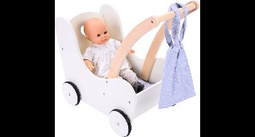 Poppen Loopwagen Grijs/Wit – Houten Poppenwagen met Matrasje, Dekentje, Kussentje & Opbergtas – Geschikt voor Alle Poppen – Engelhart