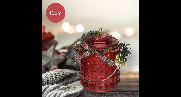 Rode glazen waxinelichthouder met geblokt patroon en versiering - Ø8 x 10 cm - kerstdecoratie - kerst - luxe theelichthouder - voor kaarsjes