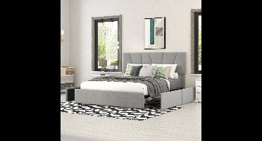 Gestoffeerd platformbed met dubbele afmetingen en vier laden aan twee zijden - In hoogte verstelbaar hoofdeinde - Houten lattenbodem - Grijs (140 x 200 cm)