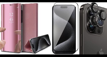 Hoesje geschikt voor iPhone 15 Pro - Screenprotector FullGuard & Camera Lens Screen Protector Zwart - Book Case Spiegel Roségoud