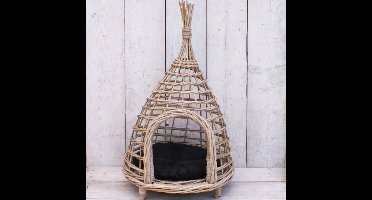 Migo Styling - Dierenmand Tipi - Hondje - Kat - Rotan - Met Kussen - H 78 cm