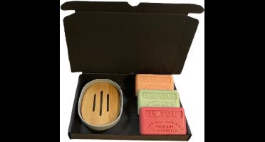 Soap bar set met zeephouder bamboe - zeep savon de marseille Sinaasappelbloesem, Aloë vera, I love you 3x125 gr.