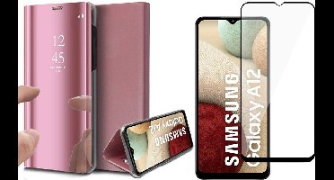 Hoesje geschikt voor Samsung A12 en Screenprotector - Spiegel Book Case Cover Hoes Rosegoud + Screen Protector Glas Full Screen