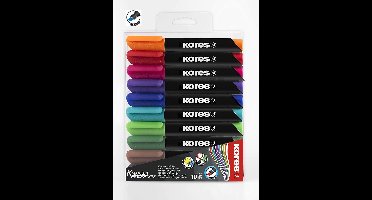 Permanente stiften van Kores, set met 10 rijke kleuren. Beitelvormige punt 3-5 mm.