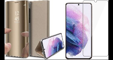 Hoesje geschikt voor Samsung Galaxy S21 - Screen Protector GlassGuard - Book Case Spiegel Goud & Screenprotector