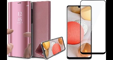 Hoesje geschikt voor Samsung Galaxy A42 - Screen Protector FullGuard - Book Case Spiegel Roségoud & Screenprotector