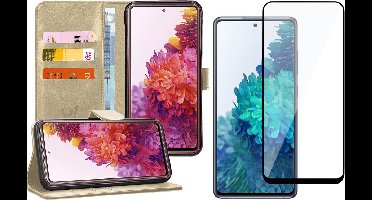 Hoesje geschikt voor Samsung Galaxy S20 FE - Screen Protector FullGuard - Book Case Kunstleer Pasjeshouder Goud & Screenprotector