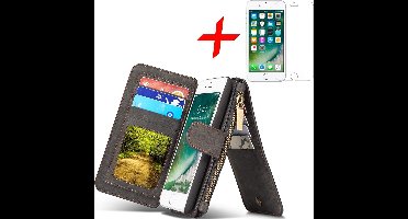 Hoesje geschikt voor Apple iPhone 7 / 8 Hoesje Portemonnee Luxe Kunstlederen Wallet Case met Afneembare Back Cover Zwart + Screenprotector Gehard Glas van iCall