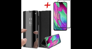 Hoesje geschikt voor Samsung Galaxy A40 - Screen Protector FullGuard - Book Case Spiegel Zwart & Screenprotector