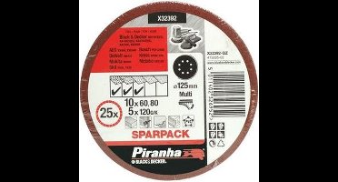 Piranha Sparpack 125 mm excenter; korrel 60 (10x), 80 (10x), 120 (5x), 25 stuks X32392