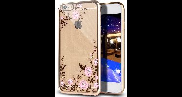 Hoesje geschikt voor Apple iPhone 7 Plus - Electroplating TPU Case Transparant met Gouden Bumper en Vlinder met Diamant (Golden Flowers Silicone Hoesje)