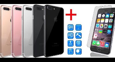 Hoesje geschikt voor Apple iPhone 7 Plus - TPU Transparant Silicone Gel Case Skin + Tempered Glass Screenprotector 2,5D 9H (Gehard Glas)