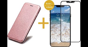 Hoesje Kunstlederen Book Case geschikt voor Apple iPhone Xs / X + Screenprotector Volledig Dekkend Zwart - Roségoud Siliconen iCall Wallet