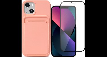 Hoesje Pasjeshouder geschikt voor iPhone 13 Roze - Siliconen Case Back Cover + Full Screen Protector Glas Screenprotector