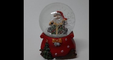 Sneeuwbol cadeauzak op arrenslee en kerstman op groen-rood cadeau 6 cm