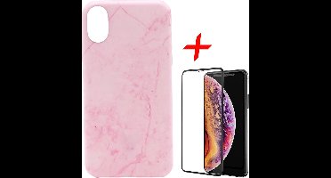 Marmer Hoesje geschikt voor Apple iPhone Xs Max Siliconen TPU Soft Gel Case Roze + Screenprotector Full-Screen Tempered Glass van iCall