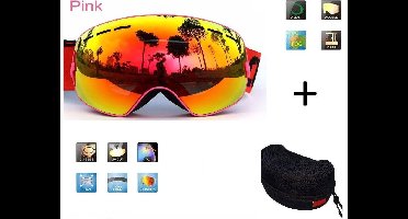 Ski bril + hard case lens Smoke Red frame Roze F type 10 Cat. 0 tot 4 - ☀/☁  extra lens is optie.