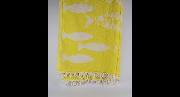 uit Turkije By Aquatolia Hamamdoek Hierapolis met Witte Vissen - 100% Zacht Katoen - Strandlaken - Handdoek - Geel - 100cm x 180cm - Originele hamamdoek uit Turkije