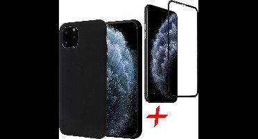 Hoesje geschikt voor iPhone 11 Pro Max - Screenprotector FullGuard - Zwart Liquid Siliconen Case