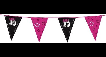 Vlaggenlijn 'Sweet 16' - Slingers verjaardag 16-jarige - zwart-roze.