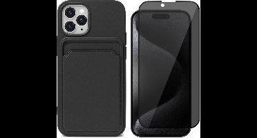 Hoesje Pasjeshouder geschikt voor iPhone 15 Pro Max - Privacy Screenprotector FullGuard - Siliconen Case Back Cover Zwart & Screen Protector