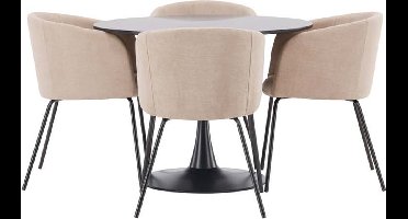 Glade eethoek tafel zwart en 4 berit stoelen beige.
