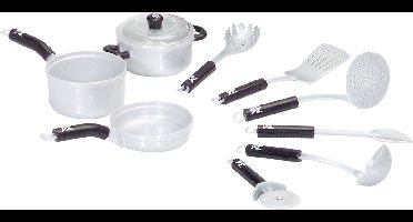 Klein Toys WMF 9-delige keukenset - stevige pan, 2 steelpannen met 1 deksel en hoogwaardig speelgoedkeukengerei - grijs zwart