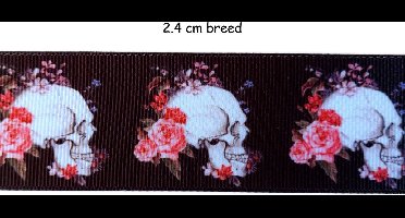 Lint - Grosgrain lint - Skull bloemen - 24 mm breed - 5 m - Polyester lint - Ribbon - Sierlint - Hobby lint - Decoratie lint