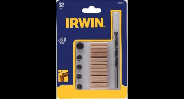 IRWIN DeuvelSet 32PCS, 26 deuvels 6mm, houtboor 6mm, 4 centreerpunten, 1 dieptestop