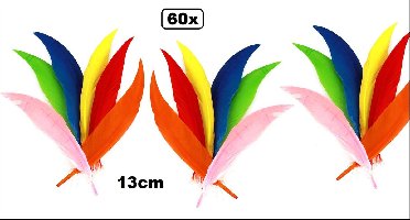 60x Veren assortie kleuren 13 cm - Themafeest decoratie veer gekleurd party