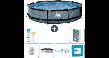 EXIT Rond Stone Frame Zwembad - 360 x 76 cm - Inclusief Pomp - Afdekzeil - Schoonmaakset - Vloertegels - 7-delig