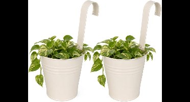 Progarden Bloempotje met haak - 2x - plantenbak zink met ophanghaak - wit - 20 x 13 x 26 cm - ophangbaar - Balkon/schutting plantenpot