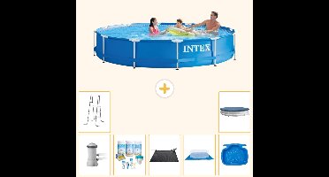 Intex Rond Frame Zwembad - 366 x 76 cm - Blauw - Inclusief Pomp - Onderhoudspakket - Solar Mat - Grondzeil - Voetenbad - Ladder - Afdekzeil - 8-delig