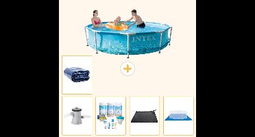 Intex Rond Frame Zwembad - 305 x 76 cm - Waterprint - Inclusief Pomp - Onderhoudspakket - Solar Mat - Grondzeil - Solarzeil - 6-delig
