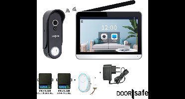 Doorsafe 4652 + draadloze gong | HD draadloze camera deurbel | 7″ touchscherm | Draadloos, langer bereik (868Mhz) | Deurbel op stroom of uitneembare 7000mAh accu | Hoog resolutie beeld | Duplex audio | PIR bewegingssensor | Draadloze unlock | 32Gb