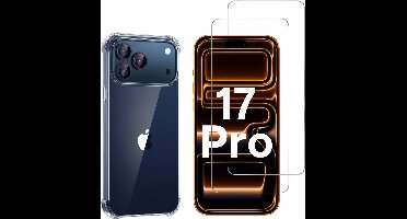Hoesje geschikt voor iPhone 17 Pro backcover Shockproof siliconen Transparant en 2 stuks Screenprotector Gehard Glas