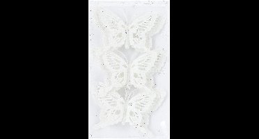 Kerstboomversiering Vlinder - 3x stuks - 14 cm - wit glitter - op clip