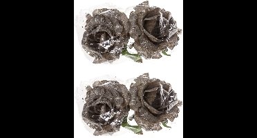 Kerstboomversiering Bloemen - 4x stuks - 10 cm - zilver glitter - op clip - ornament
