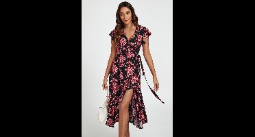 Roze bloemenjurk met ruches aan de mouwen in zwart