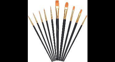 10 Stuks Nylon Penselen, Kunstenaarspenselen Set van Acryl Waterverf en Olieverf voor Beginners, Volwassenen, Kinderen, Kunstenaars en Schilderliefhebbers (Zwart 10PC)