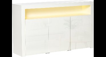 Modern 3-Deurs Dressoir met Kleurrijke LED Verlichting en Afstandsbediening – Multifunctionele Hoge Glans Houten Kast voor Woonkamer, Keuken en Hal, 155x40x92 cm, Wit