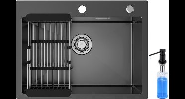 SOFETIY MAX Spoelbak Keuken 60x45cm - Spoelbak Keuken met Kraangat en Zeepdispenser 300ML- Keuken Gootsteen - Spoelbak met Afdruipgedeelte - Antraciet