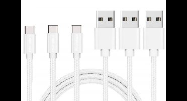 3x USB C naar USB A Nylon Gevlochten Kabel Zilver Wit - 1 meter - Oplaadkabel voor Xiaomi REDMI A5 4G / REDMI A3 / REDMI 15C 4G / REDMI 15 / REDMI 14C / REDMI 13C / REDMI 13 / REDMI 12C / REDMI 12 / REDMI 11A