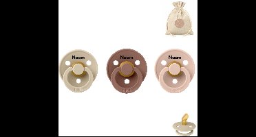 BIBS fopspenen anatomisch met naam - maat 1 - vanilla, woodchuck en blush + BolleToet speenzakje