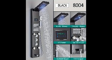 6-in-1 Douchepaneel – Douche Systeem – Regendouche – Massagedouche – Handdouche – Mat Zwart – RVS Staal – LCD Temperatuur Display – Waterval & 8-Standen Massage